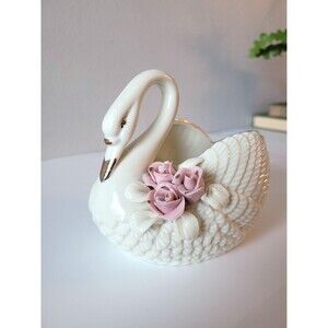 Vintage Ceramic Swan Planter Vase with Pink Rises Gold Trim Trinket Dish